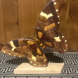 NEW Handcrafted 11” Wood Intarsia Butterfly Sculpture - Warm Brown Tones
